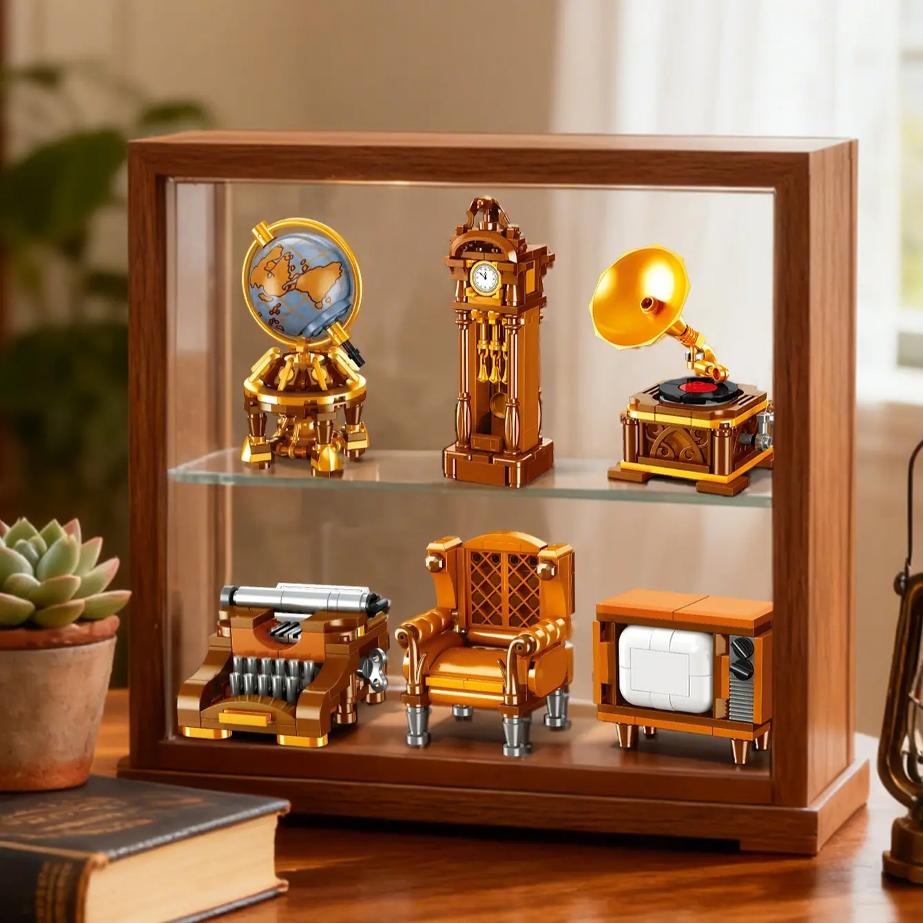 Classic Vintage Phonograph Clock Swing Typewriter Single Leather Sofa TV Globe Model Assembly, Decorative Gift for Women Friends Birthday, Collectible Room Decor
