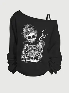 Women's Asymmetrical Long Sleeve T-Shirt, Casual Spring Fall Skull Letter Graphic Print Top, All-Seasons Wear, Daily, Student Academy Style Versatile Styles for Students’ Daily, Outdoor, Party & Gulou Hangouts