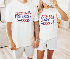 Firecracker Couple T-Shirts, 4th of July Matching Shirts, His and Hers Patriotic USA Outfit, Mr and Mrs American Flag Tee, Independence Day Couple Set, Casual Wear - AL
