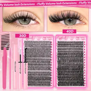 200/720pcs Lash Extension Kit with Lash Bond And Seal Lash Glue Tool, Eyelash Fixer, Lash Tweezers Thick Lash Clusters Wispy Individual Lashes D Curl (30D 40D Mixed, 9-16MM) Gift Set