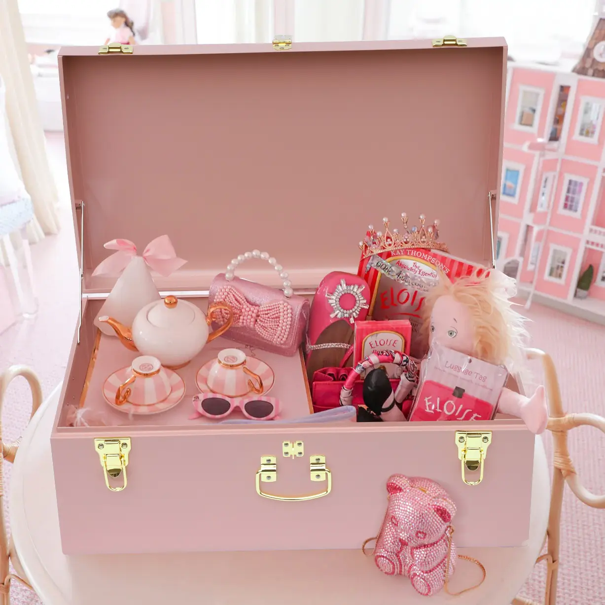 Small Light Pink Steel Lockable Storage Trunk with Gold Hardware, Lid - Vintage Home Organization Box for Bedroom, College Dorm (Single)