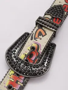 1pc Unisex Y2K Western Cowboy Cowgirl Belt, PU Rhinestone Alloy Buckle, Fashion Digital Print Waistband for All Seasons, Rhinestone Buckles Belt
