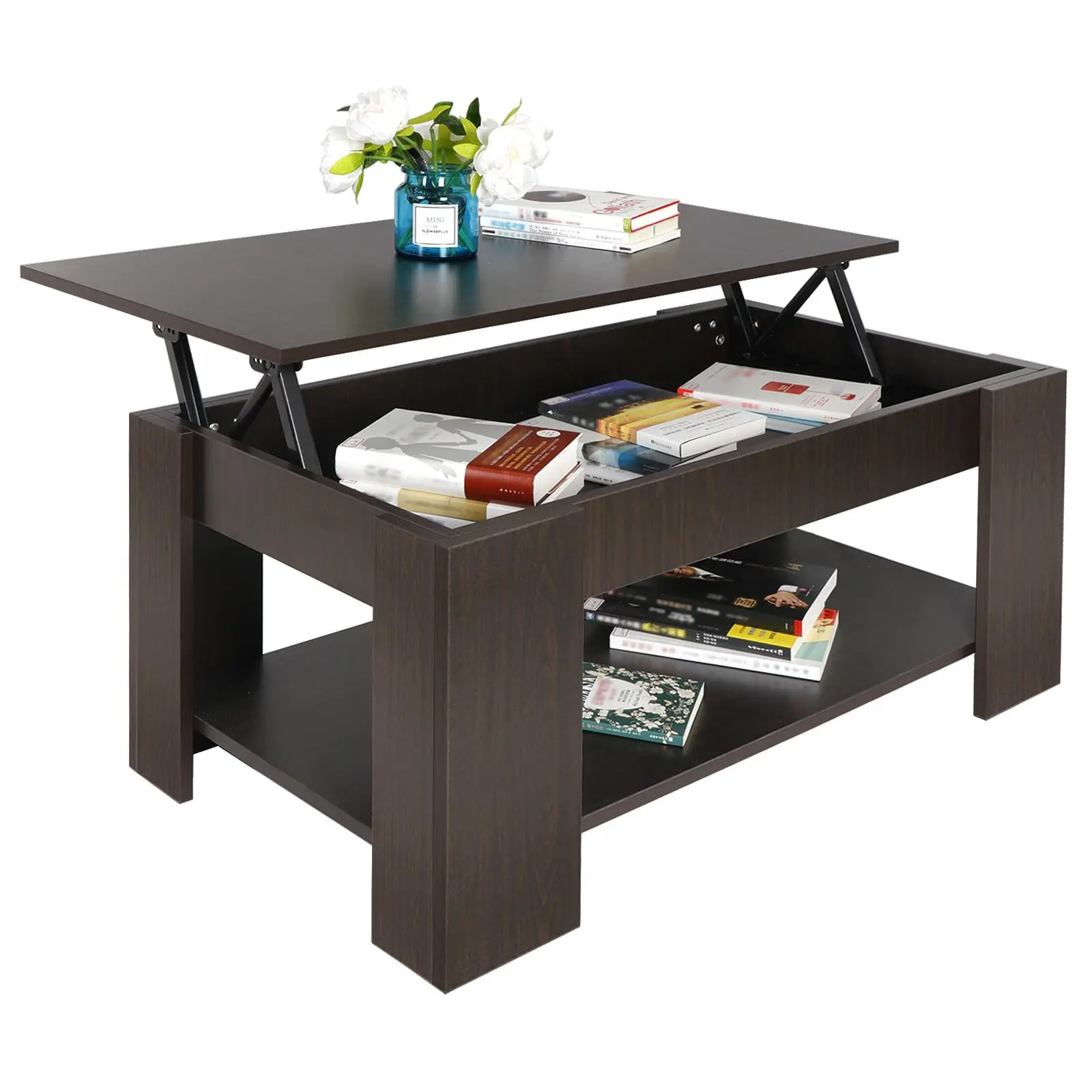 Zeny Coffee Table Lift-up Hidden Storage Cabinet Compartment Longlasting Brown Finish