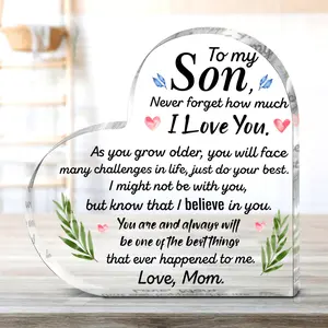 Heart-shaped Acrylic Ornament - Heart Plaque, Art Decoration from Mom to Son, with Love Message, Desktop Clip-on Hanging Decoration, Mother's Day Birthday Christmas Gift, Multi-occasion Souvenir, Emotional Gift, Classic Font Design, Transparent Style