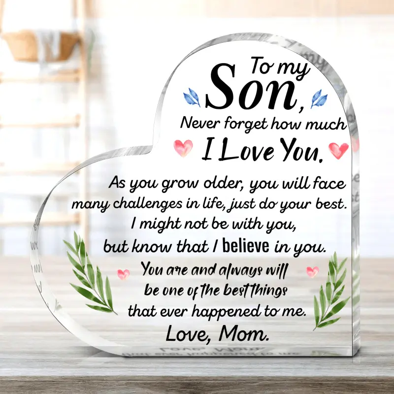 Heart-shaped Acrylic Ornament - Heart Plaque, Home Decor Plaque, Art Decoration from Mom to Son, with Love Message, Desktop Clip-on Decoration, Mother's Day Birthday Christmas Gift, Classic Font Design, Transparent Style