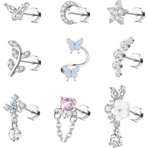 9PCS 16G Cartilage Earrings Set – Stainless Steel Flat Back Helix Studs with CZ, Butterfly & Leaf Designs for Women