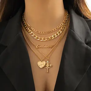 Women's Fashion Gold Four Layers Necklace Stacking Vintage Multi-Layered Love Letter Necklace