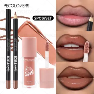 2pcs/Set Velvet Texture Lip Makeup Set | Lip Liner + Lip Glaze Lipgloss Matte Long-Lasting Waterproof Effect, Red and Brown Combination, Moisturizing, Hydrating and Natural Lip Makeup for All Skin Types