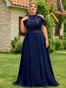 MISSMAY P25636A Plus Halter Neck Sequin Floral Lace Cutout Shoulder Cape Sleeve Contrast Chiffon Pleated Hem Formal Party Dress Prom Wedding Guest Gown, For Valentine, Graduation, Dinner