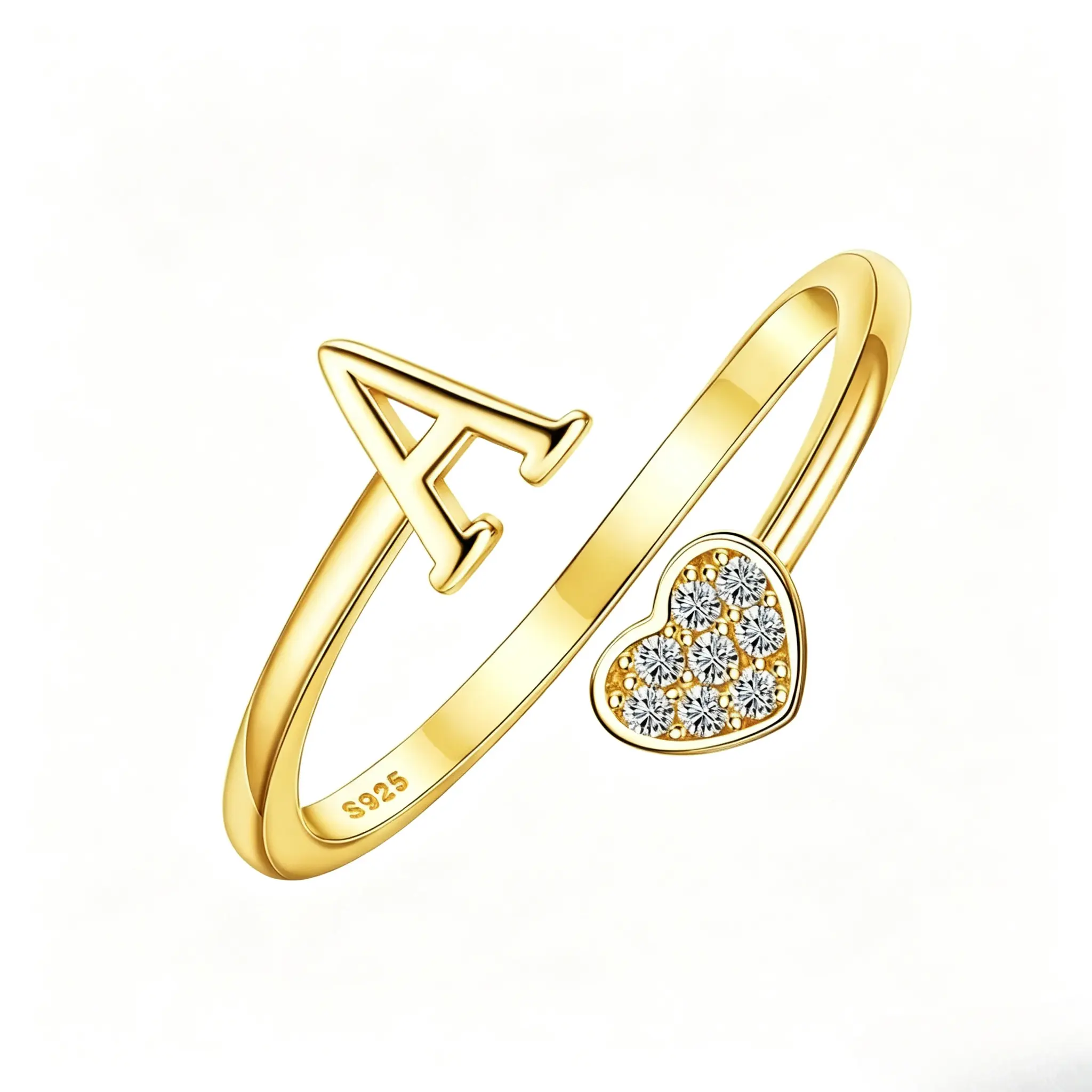 Women's 925 Sterling Silver Adjustable Initial Ring - Heart Cubic Zirconia Letter A-Z, Dainty Stackable Jewelry Gift