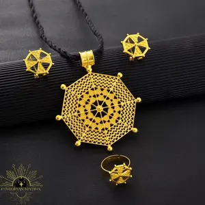 24KGP Large Ethiopian Sun Dream Catcher 3-Piece Jewelry Set, Including Matching Necklace, Earrings & Ring, Habesha Wedding Eritrean Costume Jewelry
