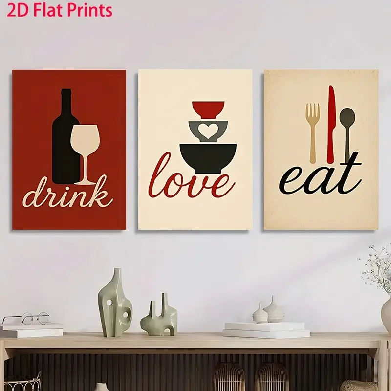 2D flat painting three-piece set, wooden framed canvas art, themes include drinks, love, and food, easy to hang in the kitchen. It is an ideal wall decoration for restaurants and homes