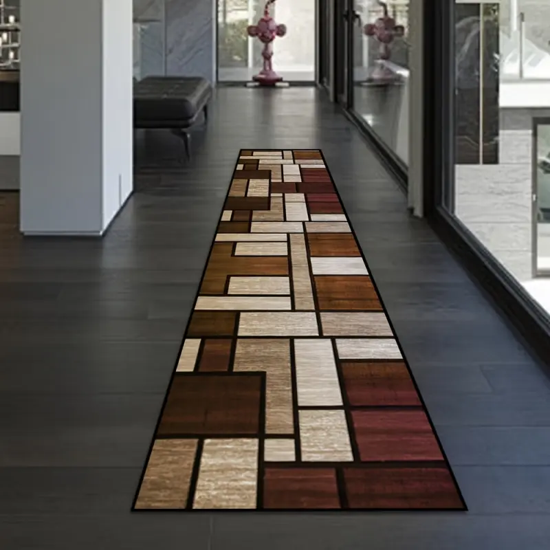 1pc Golden Velvet Square Anti-Slip Indoor Carpet Runner - Brown Checkered Irregular Pattern, Invisible Non-Slip Pad, Machine Washable Aisle Runner for Luxury Villa Corridor, Hotel Staircase Decoration, Anti-Slip Pad Runners
