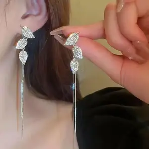 LisiZen New Arrival Diamond-Embedded Leaf Long Two-Way Tassel Earrings, Super Charming Elegant Girlish Fresh Stud Earrings DZEH4979