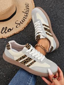 women's trendy leopard - print panel lace - up sneakers, comfortable lightweight outdoor walking shoes, female all - match fashionable athletic footwear for daily strolls & light sports, girl, stylish casual trainers