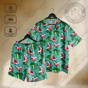 Piranha Plant Mario Hawaiian Shirt Shorts Set Men Women Retro Video Game Print 2PC Loose Casual Aloha Summer Beach Vacation Gamer Matching Outfit Comic Con Gift