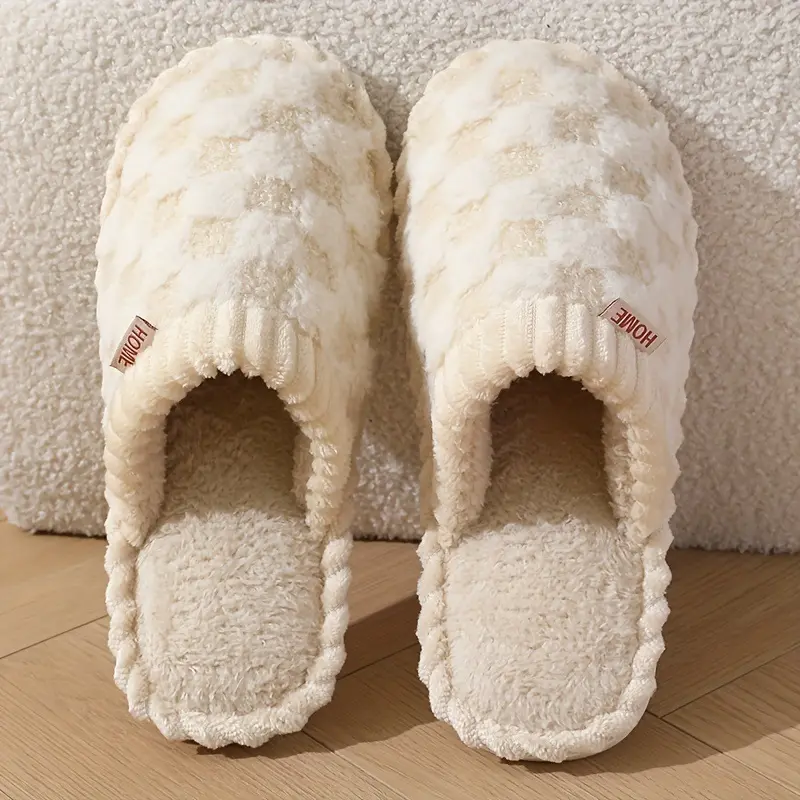Checkered Fluffy Warm Home Slippers Cozy Memory Foam Cute Soft Women's Home Slippers Winter Closed Toe Soft Sole House Shoes Cozy Bedroom Plush Slippers Cotton Footwear Round Toe