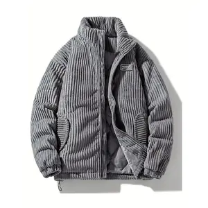 Neutral corduroy down jacket, thickened for winter warmth, casual stand up collar zipper jacket with pockets, 100% polyester fiber, long sleeves, regular length, woven fabric, loose, solid colorRAIMENTRY