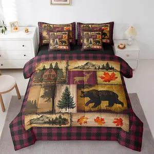 Rustic Cabin Bed in a Bag 7 Pcs,Christmas Hunting Deer Bear Wild Animals Comforter Set,Pink Black Plaid Grid Bedding Set,Western Lodge Decor Sheet Set