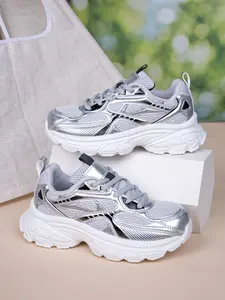 Lace-Up Dad Shoes, Thick Sole Soft Cushioning, Mirror Material with Breathable Mesh, Fashionable Athletic Training Running All-Season School Sports Trainer Sneakers, Sporty Running Shoes