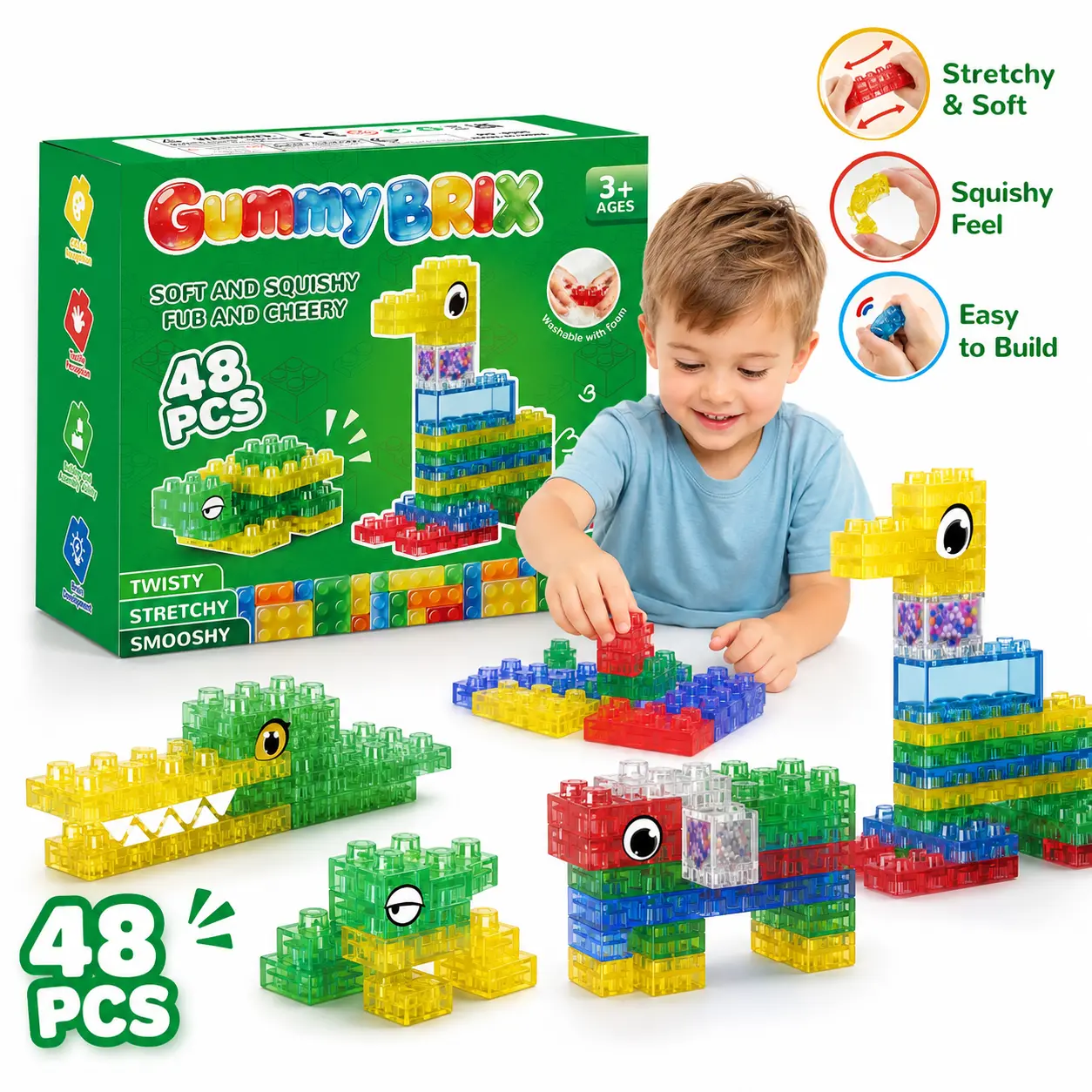 MiniGear Soft Jelly Building Blocks for Kids, Squishy Sensory Stacking Blocks Toy Set, Stretchable & Squeezable blocks, Colorful Translucent STEM Learning Toy, Preschool Building Blocks, Montessori Tactile Play Toy, Travel Bath Toy Ages 3+