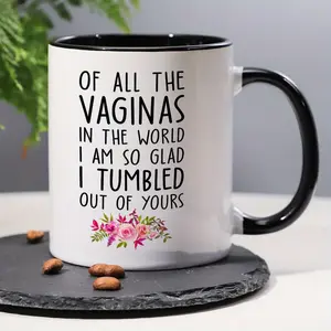 1pc 11oz Sarcastic Humor Coffee Mug with "OF ALL THE VAGINAS IN THE WORLD I AM SO GLAD I TUMBLED OUT OF YOURS" Quote & Floral Design - Microwave-Safe Ceramic Mug, Hand/Machine Washable - Funny Office Gift for Women & Men, Birthday or April Fool's Day Pres