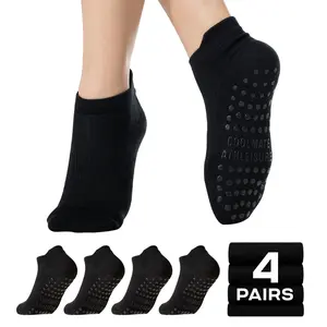 CoolMate Pilates Socks with Grips for Women, Yoga Socks, Crew Non Slip Women for Barre, Pilates Gifts (US, Numeric, 6, 10, Regular, Regular, A-06. 4 Pairs Black)