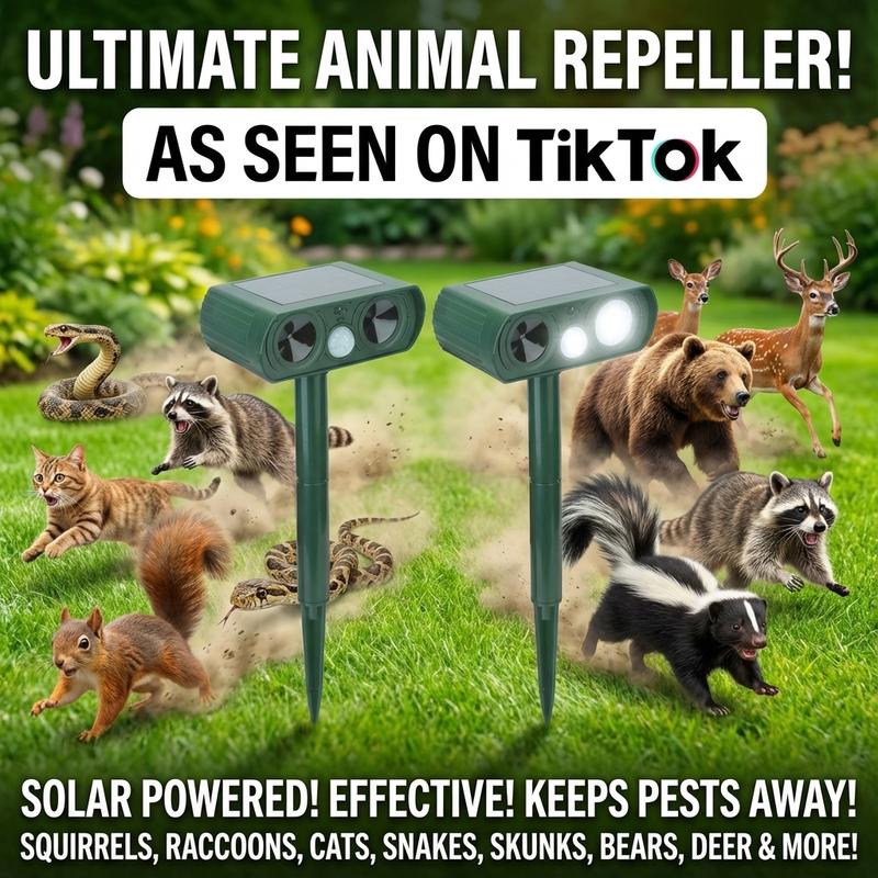 Solar Powered Ultrasonic Animal Repellent - Outdoor Safe Cat Repellent with Infrared Motion Sensor - Waterproof Deterrent to Scare Away Skunks, Rabbits, Raccoons, Snakes, Dogs, Bears, and Squirrels for Yards