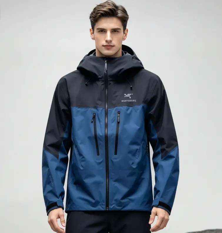 Charcoal Black And Bright Blue Color Block Hooded Hard Shell Jacket Waterproof Windproof Full Zip Rain Coat For Mountain Hiking Camping Trekking And Outdoor Wilderness Adventures