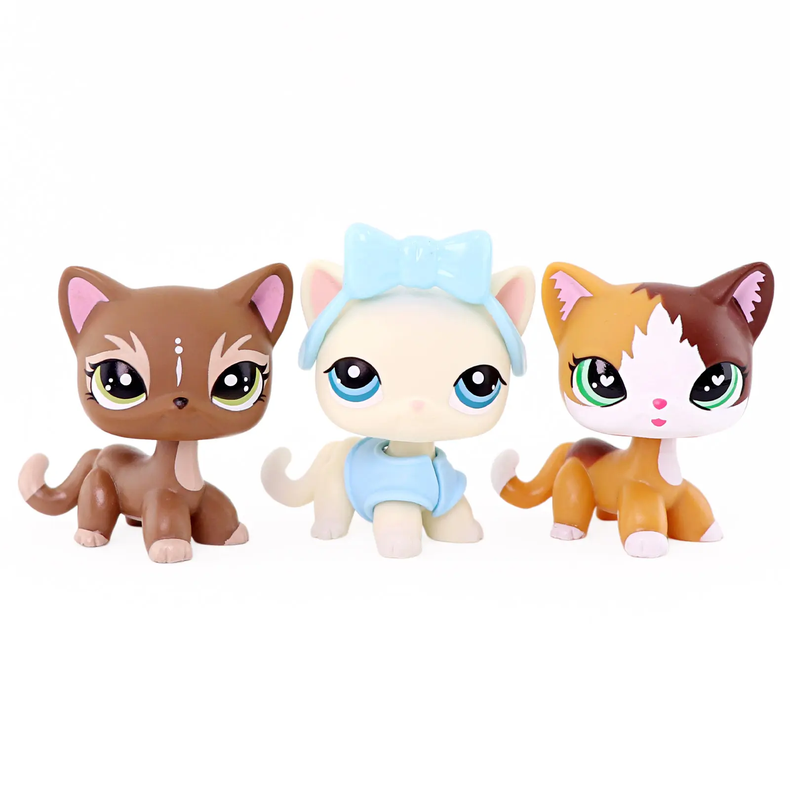 3 Pcs Cute Mini Cat Figurines Set, Adorable Short Hair Kitten Collectible Figures with Blue Bow & Outfit Accessories, Big Eyes Small Animal Toys for Kids Gift, Cake Topper, Dollhouse Mini Decor, Hobby Collection Display
