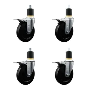 Soft Rubber Swivel Expanding Stem Caster Set of 4 with 5 Inch Black Wheels and 1-7/8" Stems - Includes 4 Swivel with Total Locking Brakes - 275 lbs. Capacity Per Caster - Service Caster Brand