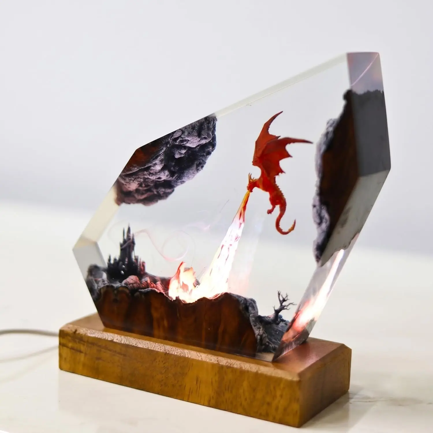 Handmade 3D Illusion Epoxy Resin Lamp with 3D Fire Dragon Scene, USB Port, Multicolor LED, Colorful Nightlight, Ambient Glow Light, Indoor Atmosphere Lighting, Home Bedroom Decor, Birthday Gift Ideas for Boyfriend