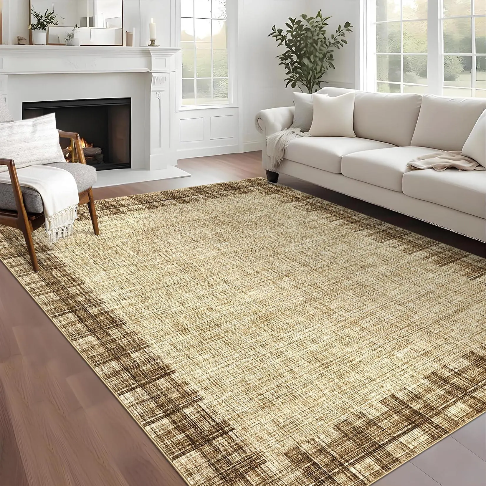 Solid Washable 8x10 Rugs for Living Room Border Plaid Rug Non-Slip Stain-Resistant Rugs Clearance Modern Low-Pile Carpet 8 x 10 Rug for Bedroom Dining Farmhouse Mat with Rubber Back,Tan