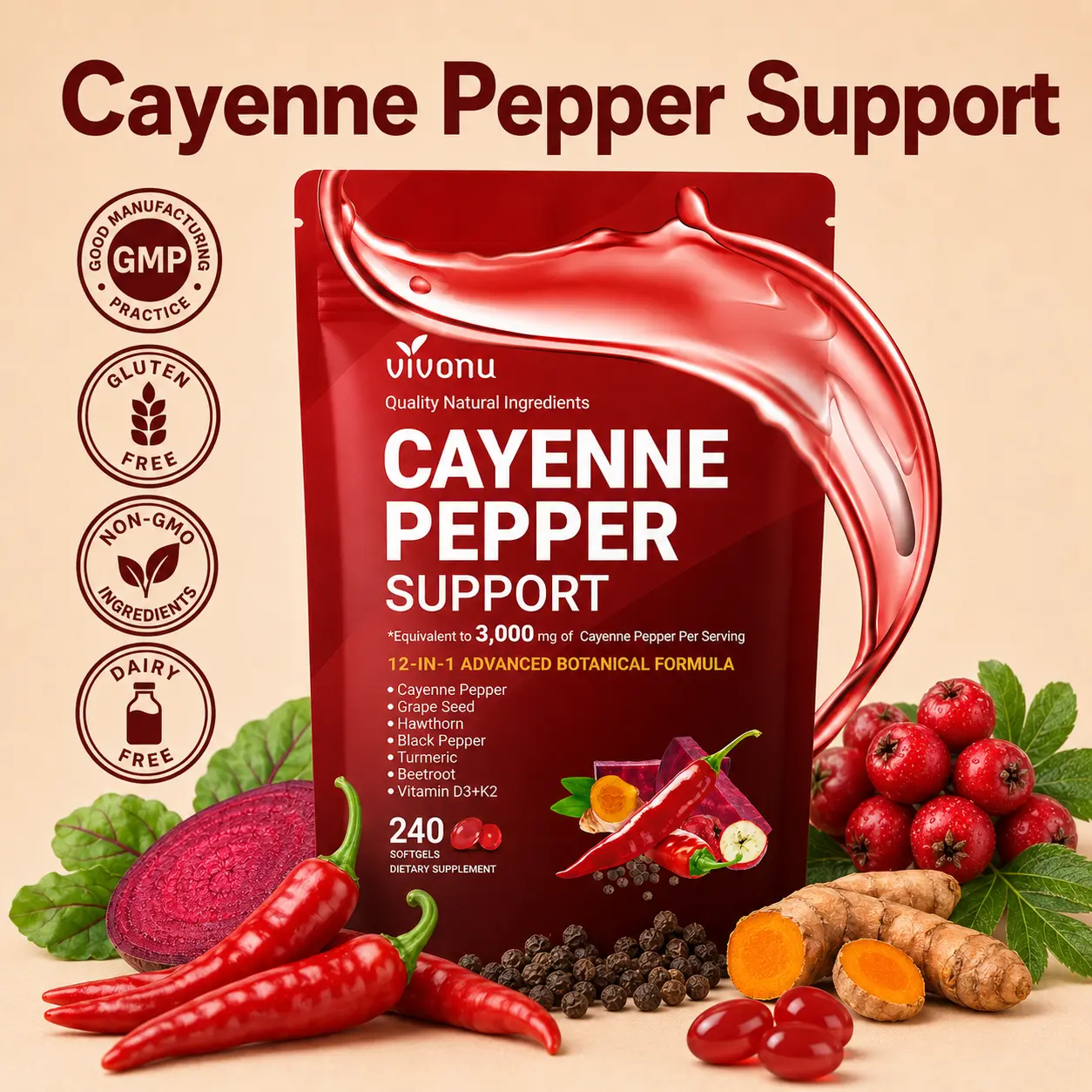 Cayenne Pepper Softgels Supplement, Beetroot and Others (240 Softge /1 Bag)，Supports Leg Vein, Heart and Blood Vessel Health, with Vitamin E D3+K2 and Extracts of Grape Seed, Hawthorn, SummerVibes