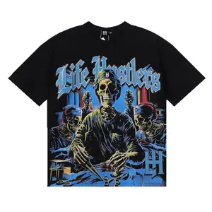 Oversized "Life Hustlers" Skull Doctor Graphic Tee with Embroidered Logo & Rhinestone, Vintage Washed, Y2K Grunge Streetwear, Unisex Edgy Cotton Top for Men Women Music Festival Summer OOTD