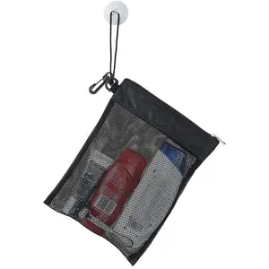 Mesh Shower Tote Bag, 12inL x 9inW Compact Lightweight Toiletry Organizer with Suction Cup, Hanging Cord, Zipper & 14inL x 10inW Drawstring Pouch, Black