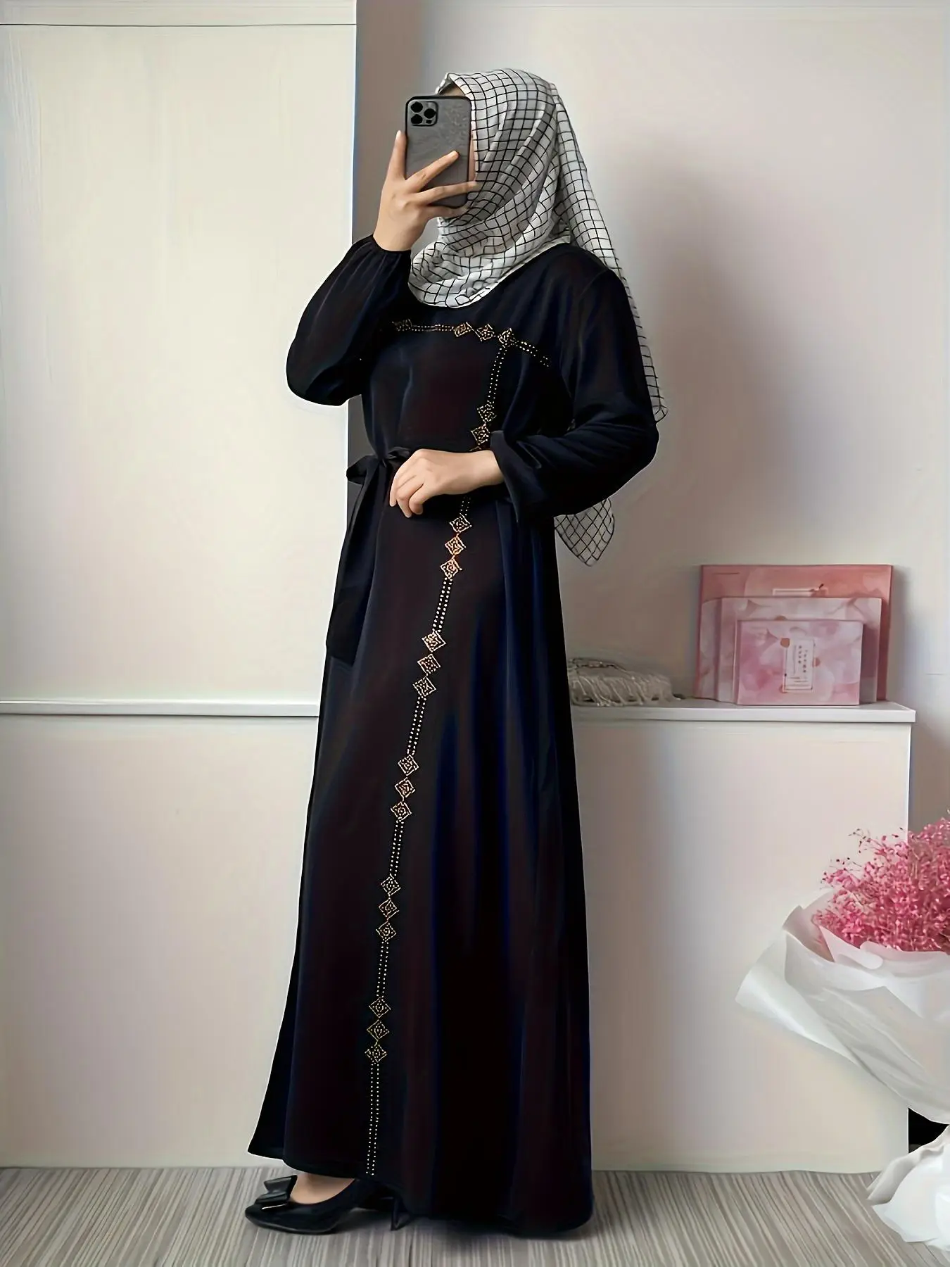 Women's Solid Ethnic Pattern Belted Keyhole Neckline Long Dress, Modest Casual Long Sleeve A Line Dress for Daily Wear, Ladies Clothes for All Seasons
