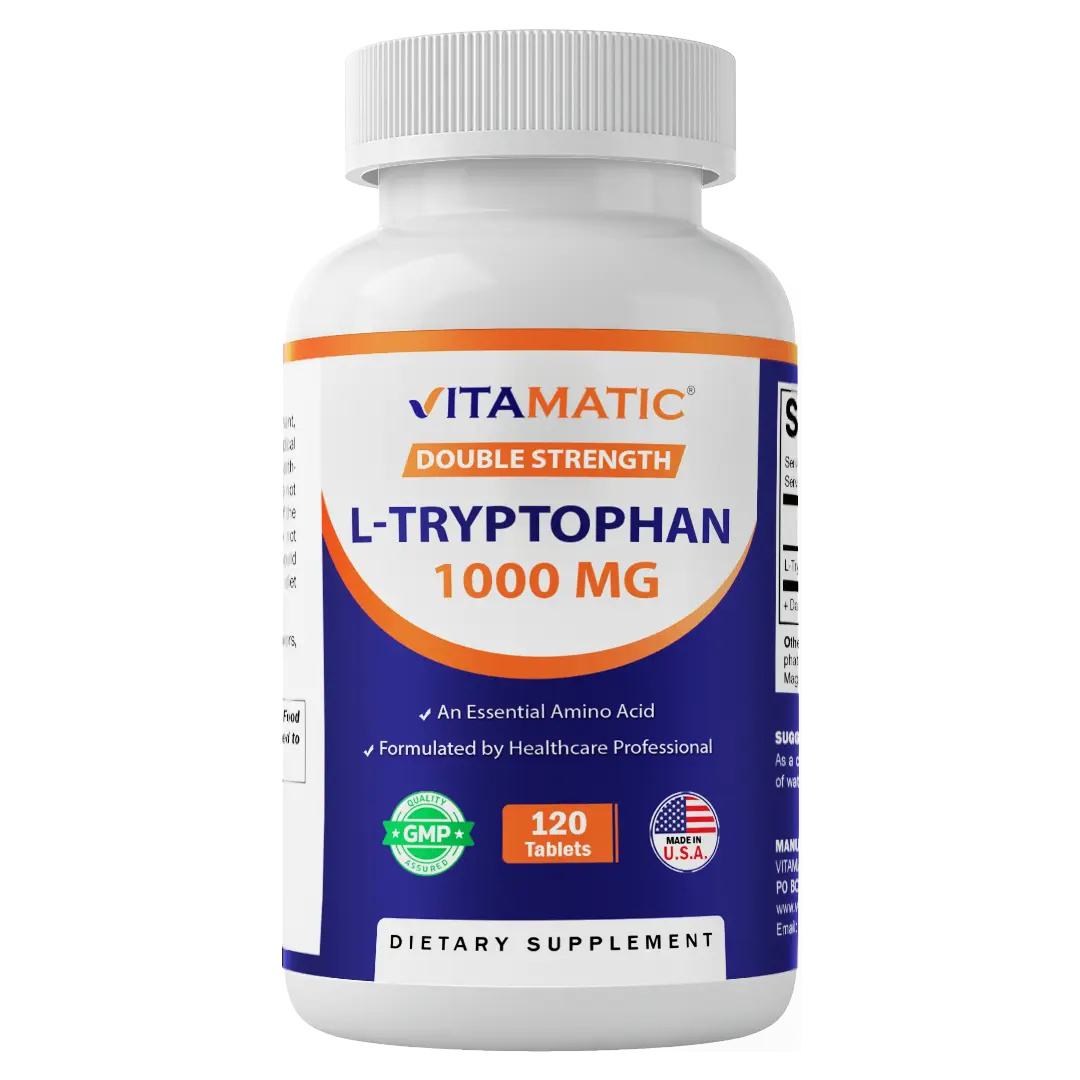 Vitamatic L-Tryptophan 1000mg Vitamin Dietary Supplement - 120 Gluten-Free Tablets, Immune Support, Anxiety Relief (1 Pack)