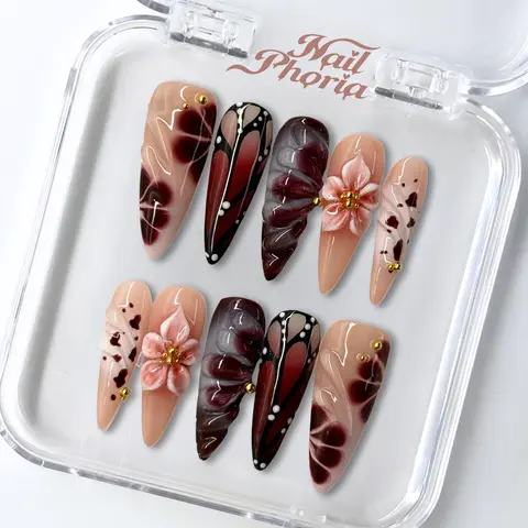 NailPhoria CRIMSON FLUTTER - Handmade Press-On Nails | Reusable, Salon-Quality, Long-Lasting, Glossy Design