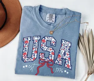 Comfort Colors Floral Usa Est. 1776 Graphic T-shirt, Coquette Patriotic Americana Fourth Of July Tee Trendy 4th Of July Tshirt, Preppy Women's Usa Tee