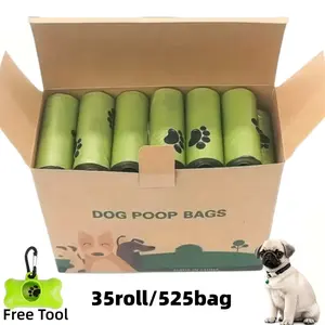 35rolls/525bags Green Pet Poop Bags, Portable Dog Waste Bags with Random Color Dispenser, Leak-Proof & Durable Poo Bags with Cute Paw Print Design, Pet Cleaning Supplies for Dogs