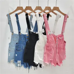 New College Style Denim Overalls for Women, Petite Fashion, Youthful Distressed Fringe Wide-Leg Shorts