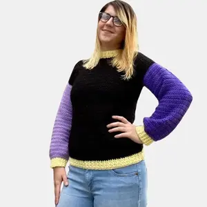 Crochet Lunar Sweater Size Small - Black with Purple Sleeves & Yellow Trim Women's Handmade Crochet Top 22 Inch Length Long Sleeve