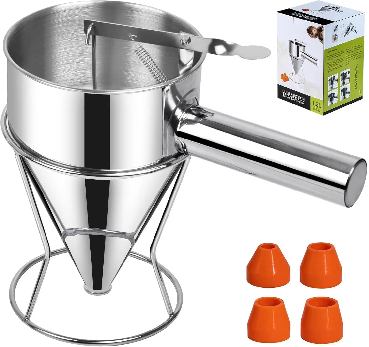 Sopito Stainless Steel Pancake Batter Dispenser with Stand 40 OZ Multi-Caliber Funnel Cake Dispenser for Pancakes Cupcakes & Baked Goods Durable Food-Grade Material