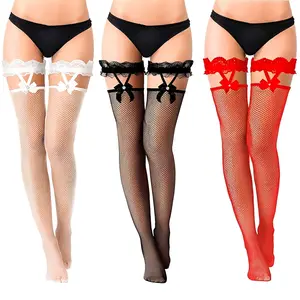 3 Pairs Thigh High Fishnet Stockings Lace Bow Suspenders Hold up Everyday Outfits Stockings for Women Evening Wear