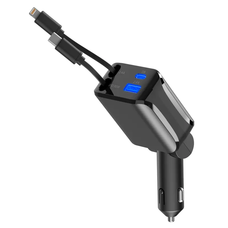 4-in-1 Retractable Car Charger, 60W USB C Fast Charging with Dual Port Adapter and Lightning Cable, for iPhones, Samsung, Google Smartphones, iPads & More