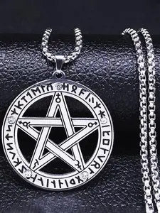 Viking Nordic Rune Pentacle Cross Necklace for Women Men Stainless Steel Witch Pentagram Supernatural Pagan Chain