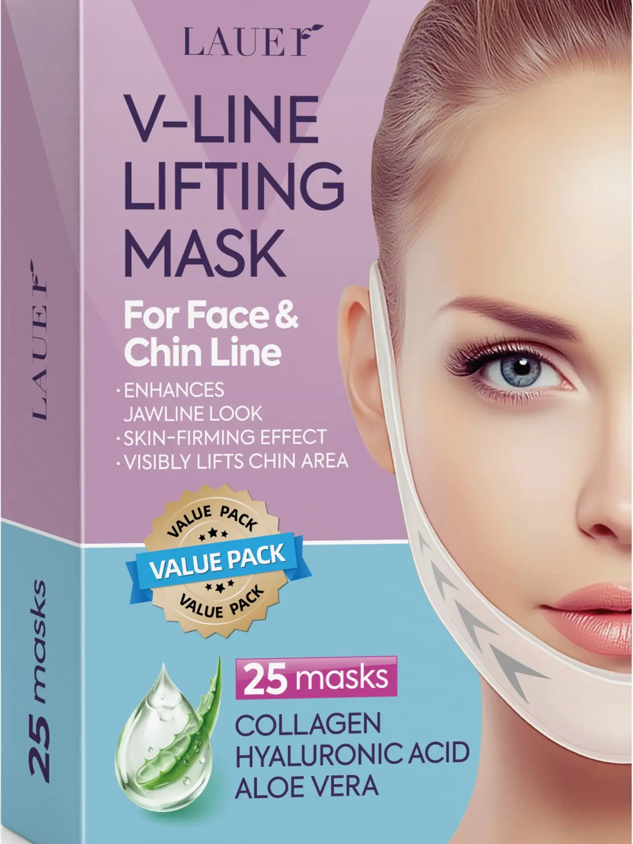 LAUER V-Line Lifting Mask for Face & Chin, Jawline Firming Hydrogel Mask with Collagen, Hyaluronic Acid & Aloe Vera, Helps Improve the Appearance of Double Chin, Defines Jawline, Hydrates & Firms Skin, Skin Care for Women & Men, 25 Pack