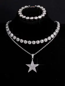 4pcs Hip-Hop Trend Blingbling Star Pendant Necklace and Bracelet Set, Geometric Round Jewelry for Men and Women, Ideal Gift