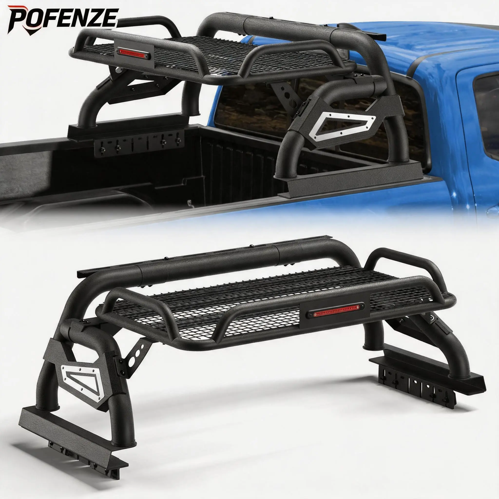 POFENZE-Mestan Truck Bed Rack Roll Bar with Cargo Basket for Mid-Size Trucks, Adjustable Chase Rack Heavy-Duty Steel Overland Rack for Tacoma, Colorado, Canyon, Ranger car accessories men Ram Vehicle